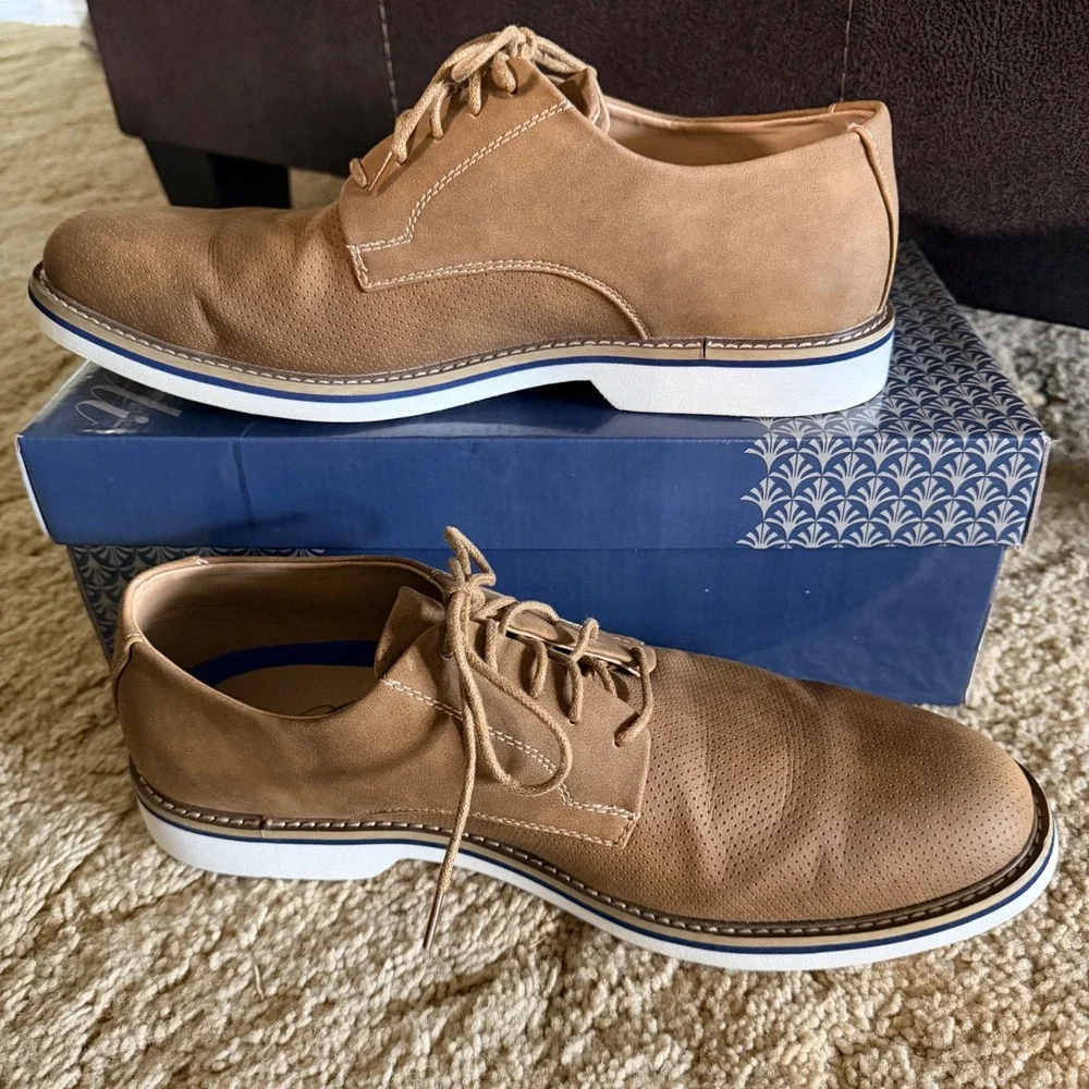 Amali Mens Payson Oxford Shoes Size 12 Tan Perforated Lace Up Dress Sneakers
